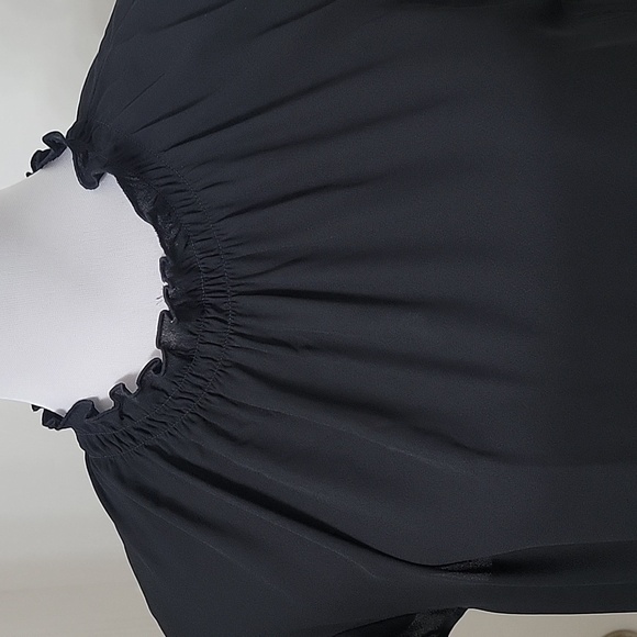 Express Size M Black Chiffon Ruffle Neck Blouse, Flutter Cap Sleeve, EUC - Picture 2 of 13